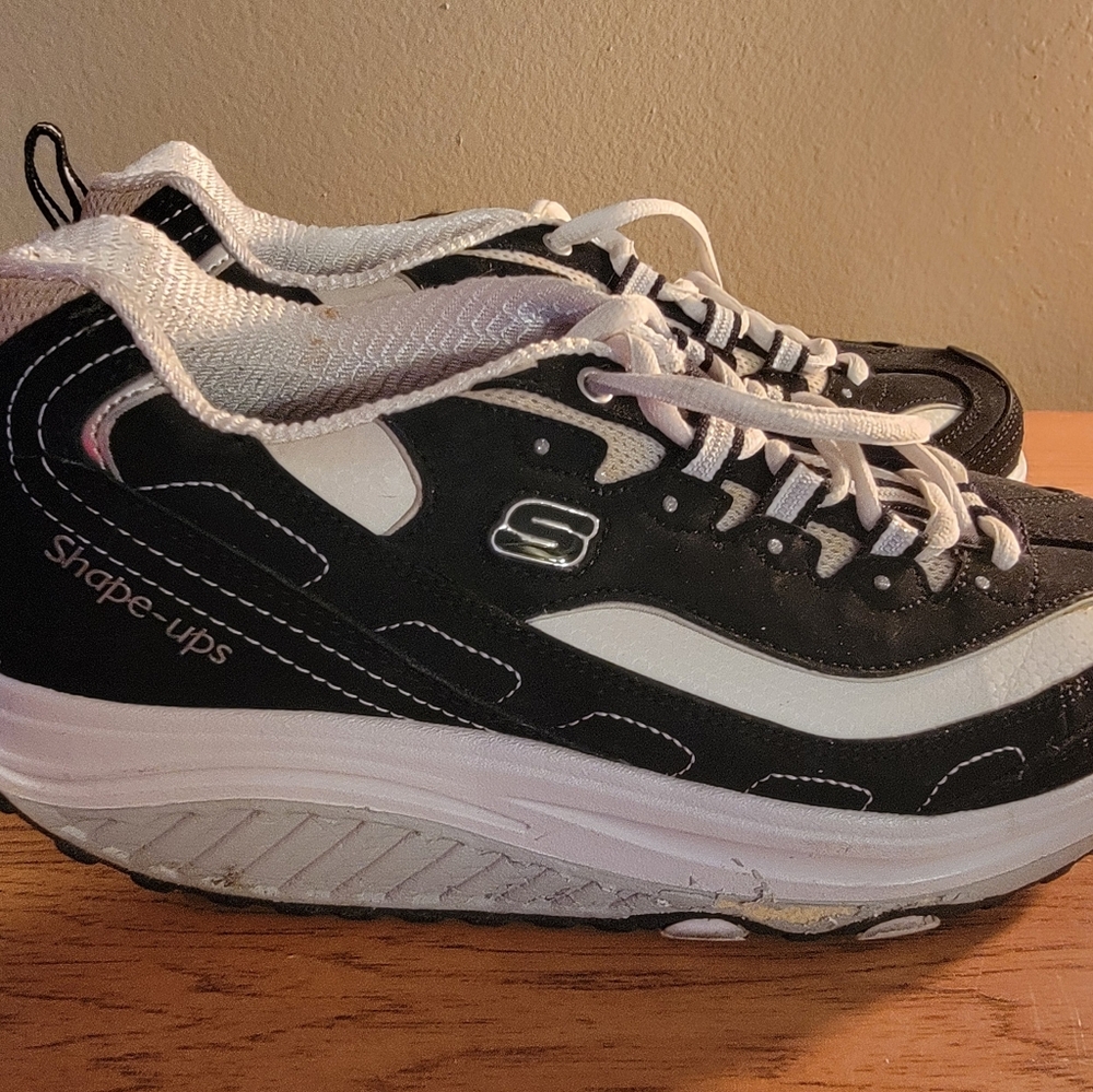 Skechers Shape Ups Black and White Sneakers with Rocker Sole